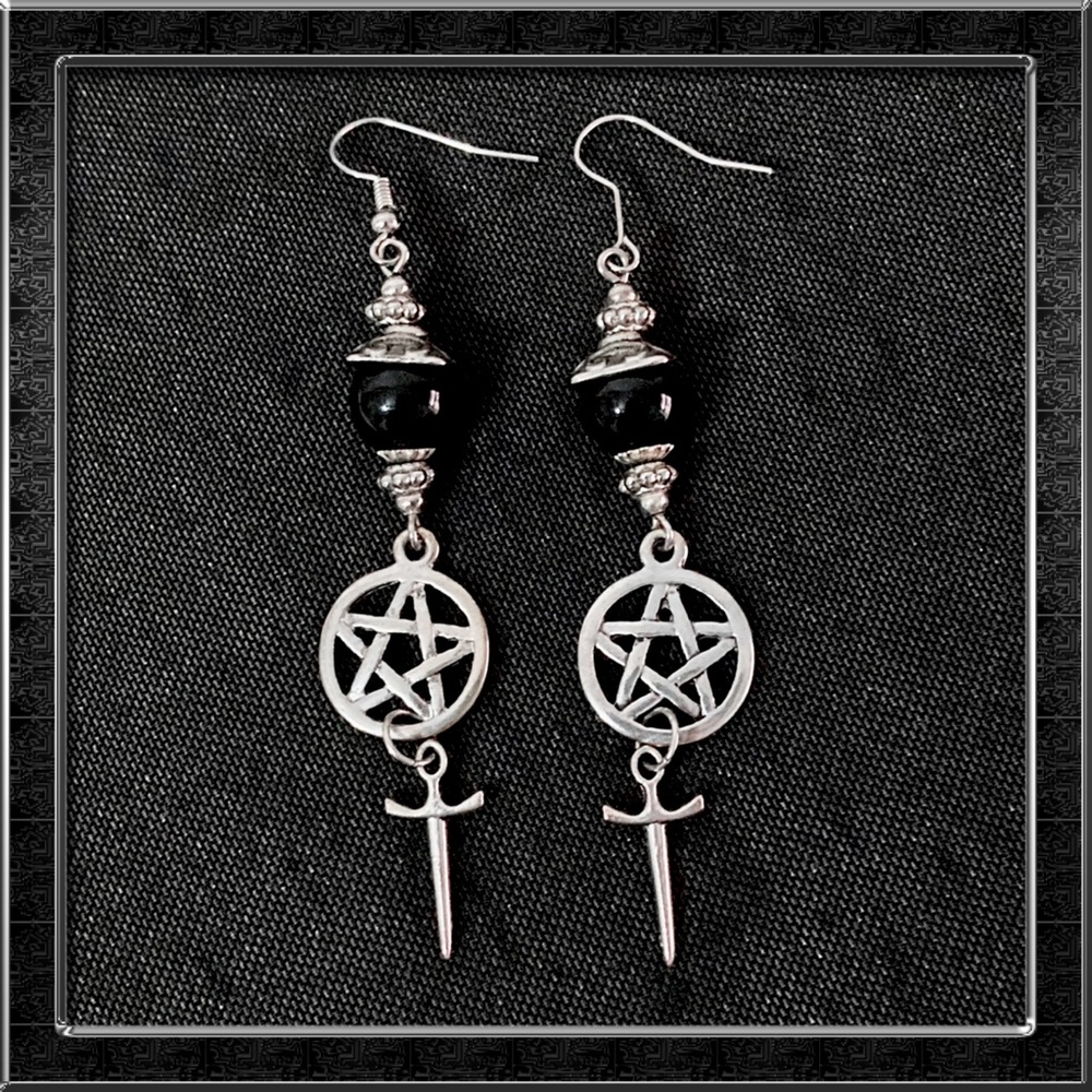 Black Beaded Silver Pentagram Dagger Earrings